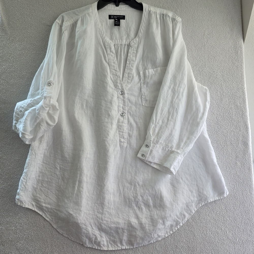 INC Linen Blouse 22W White 3/4 Sleeve Roll Tab Lightweight Top - Picture 2 of 16